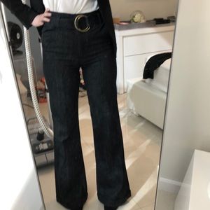 Dark high waisted belted flare jeans